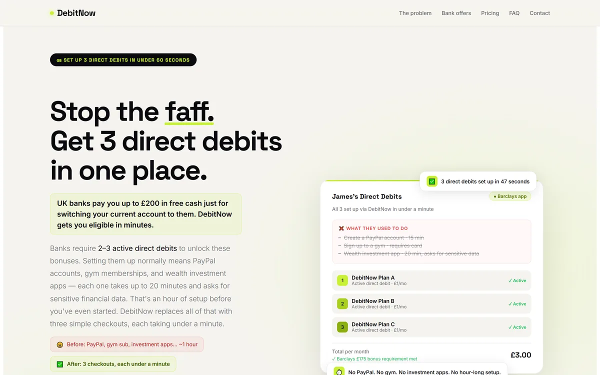DebitNow website: bold black and lime landing page for bank switching bonuses