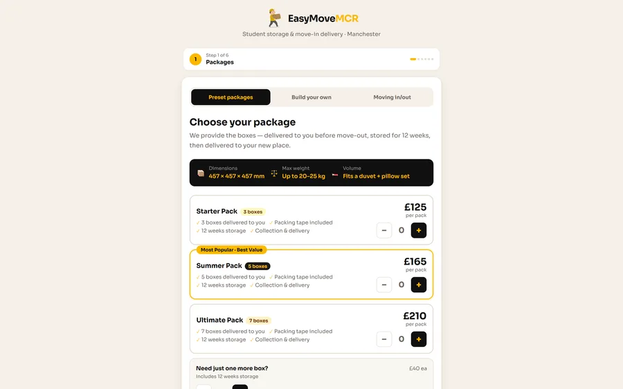 EasyMove MCR website: online removals booking flow with instant quote