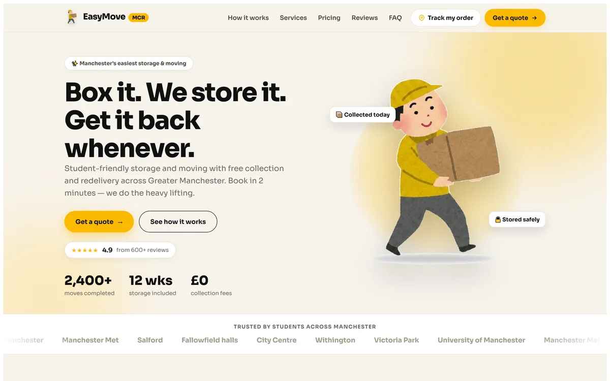 EasyMove MCR website: removals landing page with booking call to action