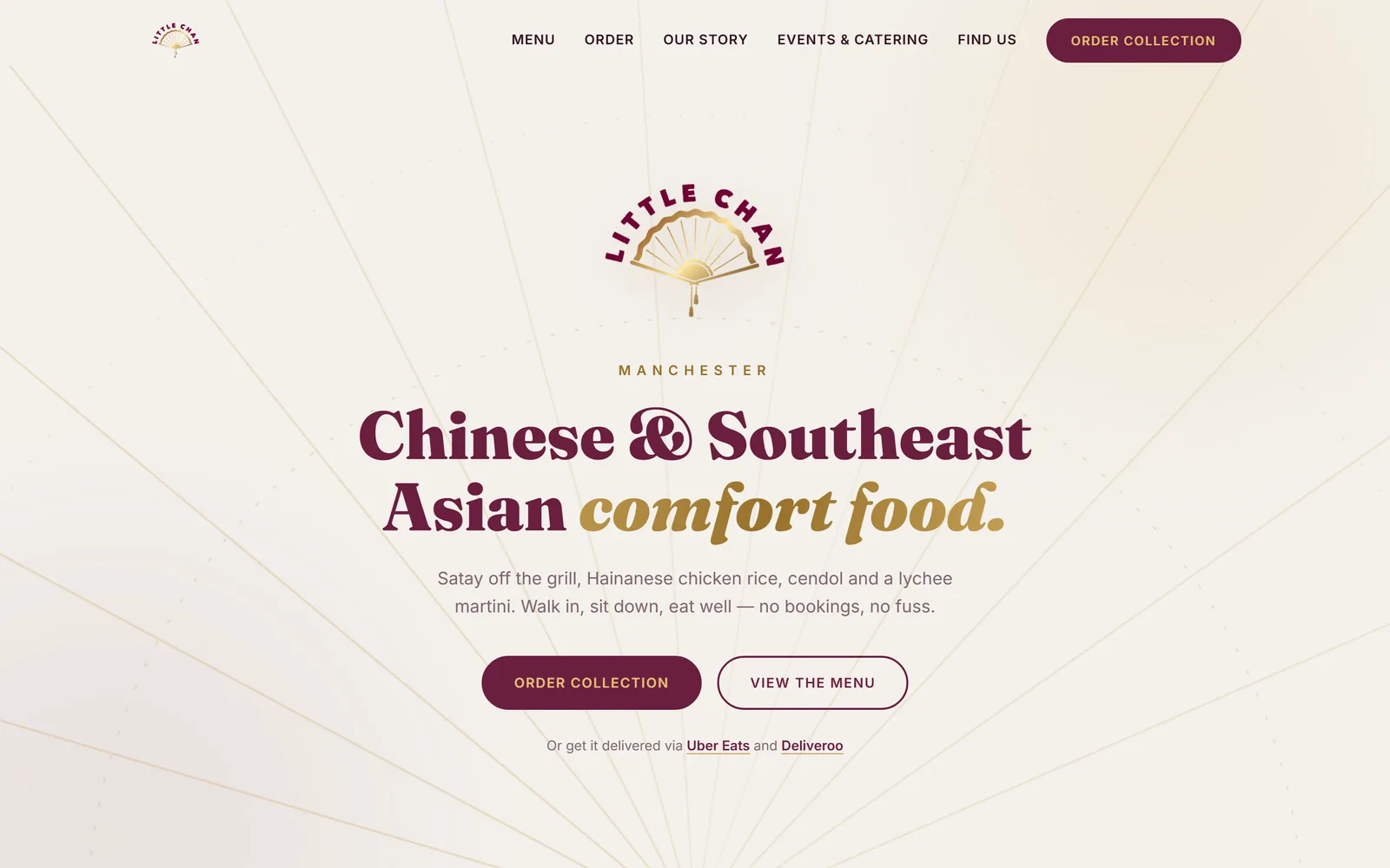 Little Chan restaurant website: homepage hero in the restaurant's own brand