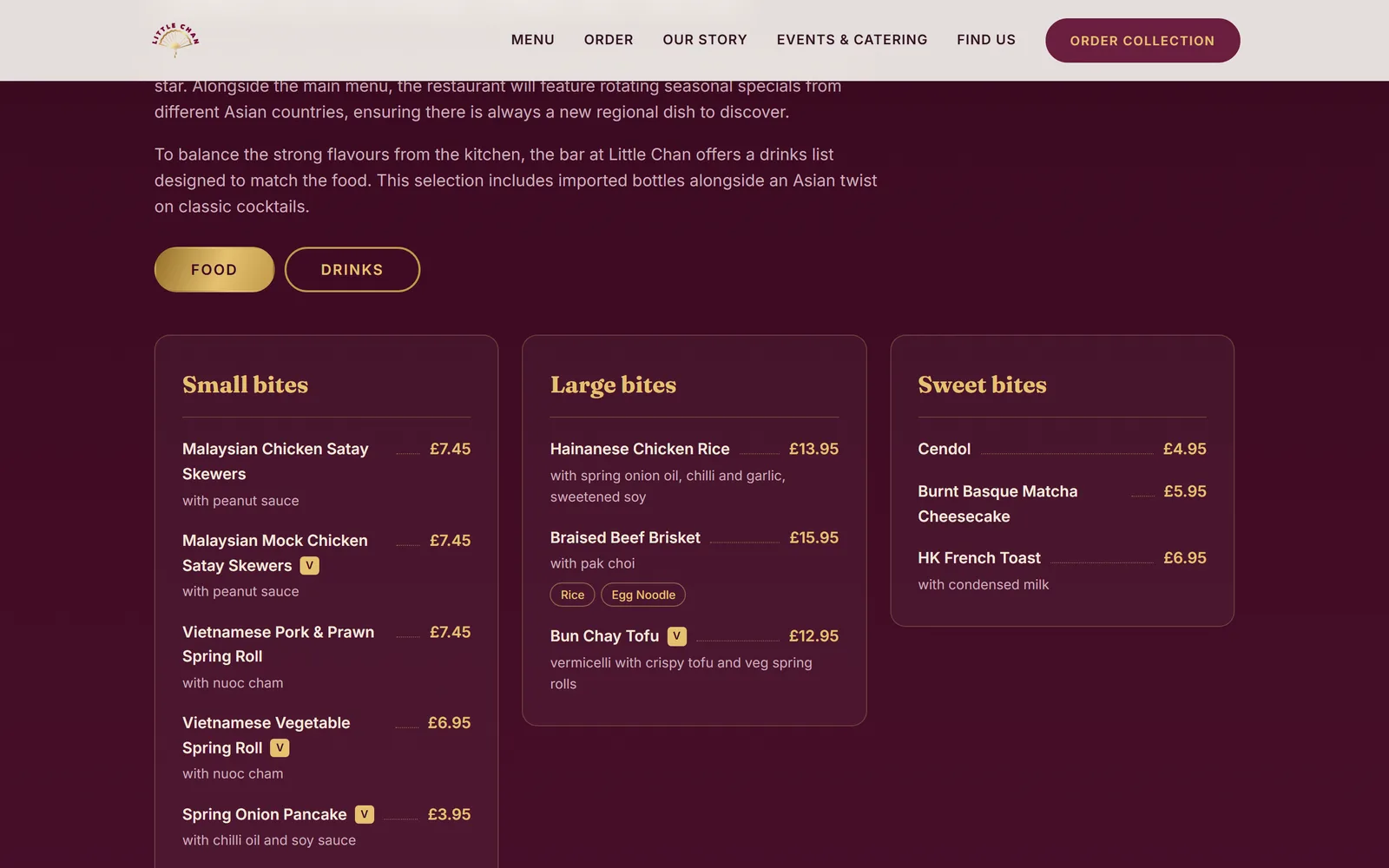 Little Chan restaurant website: food menu page in the restaurant's burgundy and gold brand